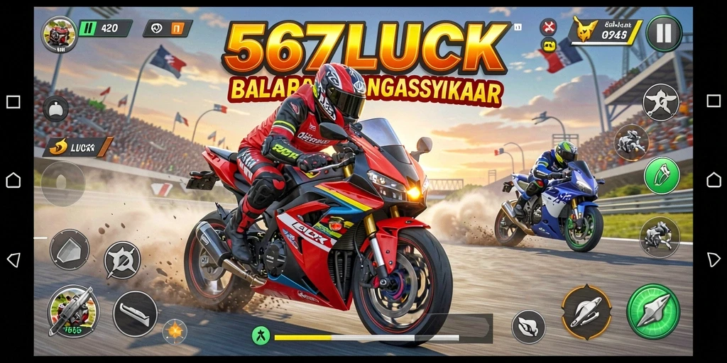Tangkapan layar gameplay 567LUCK menampilkan balapan motor yang mendebarkan.