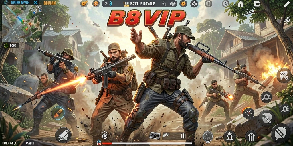Tampilan screenshot B8VIP menampilkan aksi seru di medan perang Battle Royale.