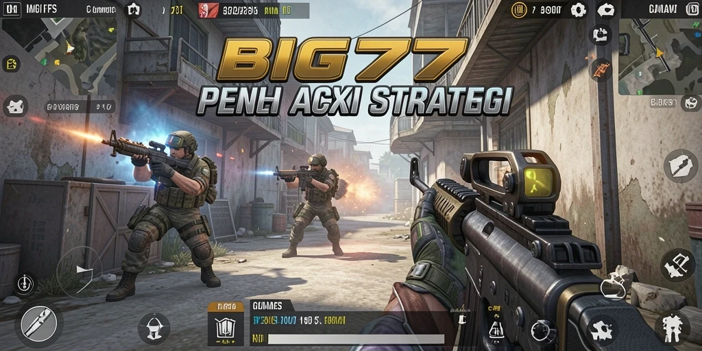 Tampilan menegangkan di battlefield BIG77 dengan aksi FPS yang intens.