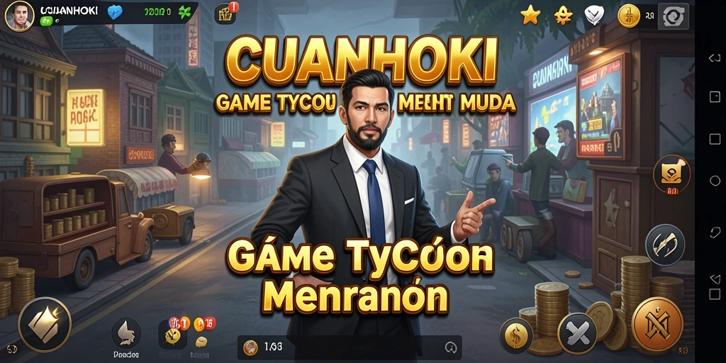 Tampilan gameplay CUANHOKI dengan karakter unik dan pembangunan bisnis.