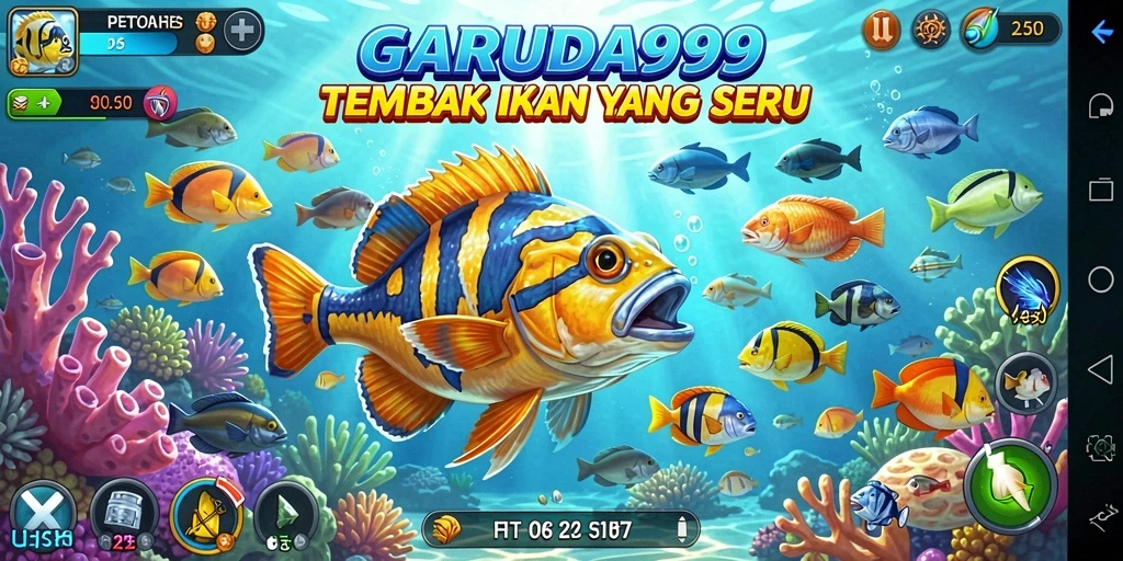 Screenshot GARUDA999 menampilkan momen seru saat menembak ikan di bawah laut.