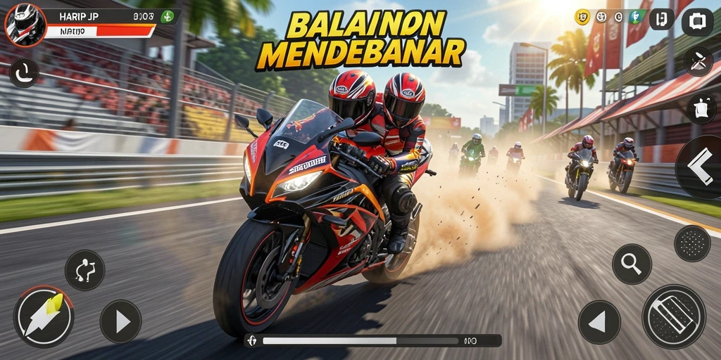 Gameplay balapan motor yang seru dan adiktif.