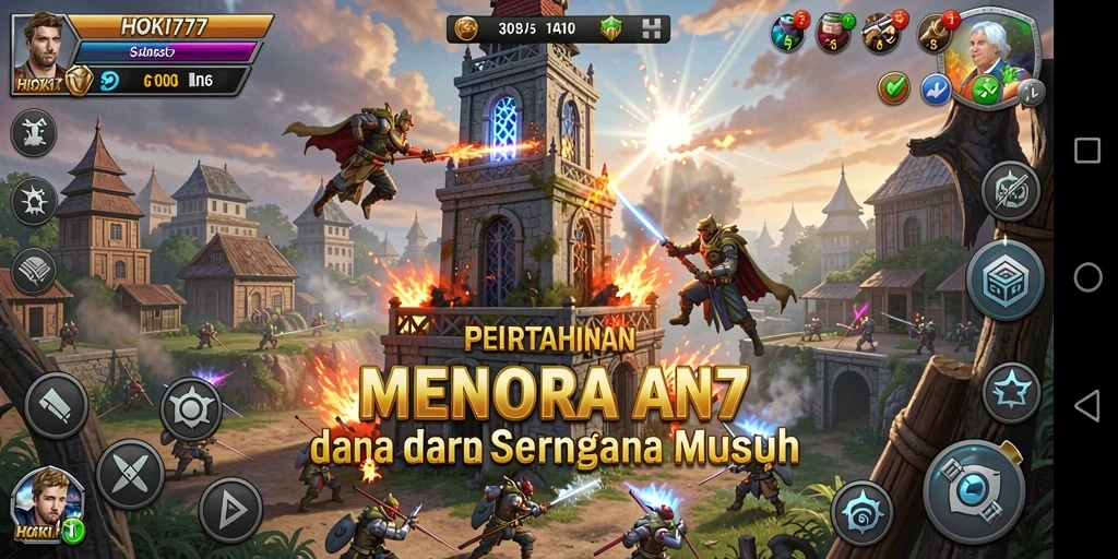 Tangkapan layar gameplay HOKI777 menunjukkan pertahanan menara yang kokoh melawan gelombang musuh.