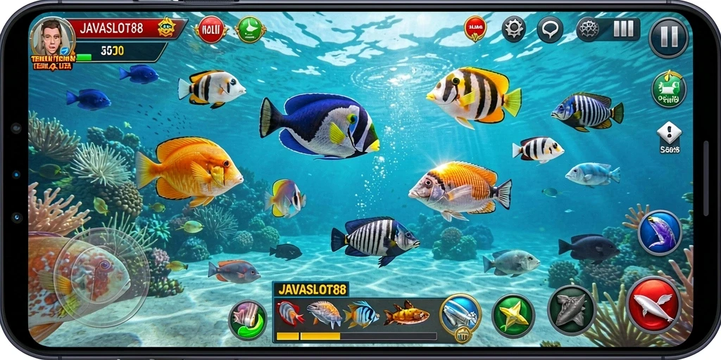 Screenshot gameplay JAVASLOT88 dengan ikan berwarna-warni dan aksi menembak.