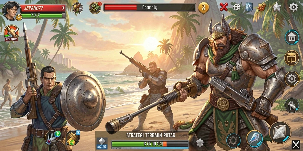 Screenshot gameplay JEPANG77 menunjukkan pertempuran strategis yang intens.