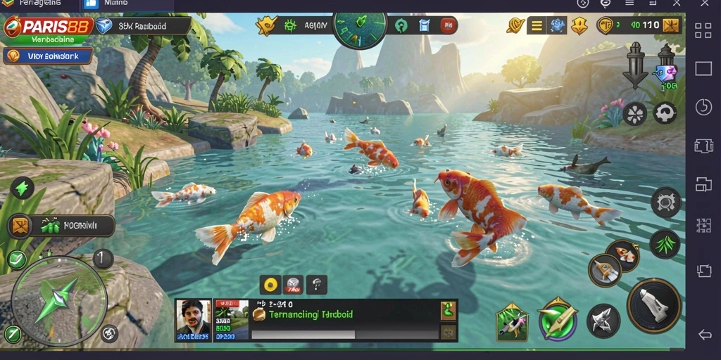 Tampilan penuh aksi gameplay dalam PARIS88 saat memancing ikan.