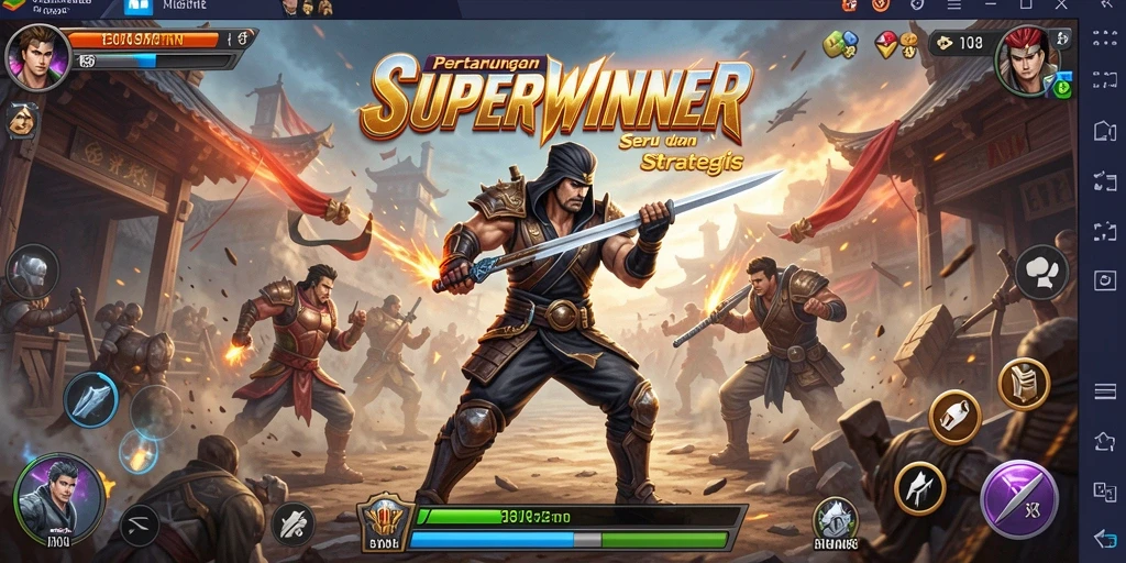 Screenshot dari gameplay SUPERWINNER menampilkan pertarungan epik antara karakter.