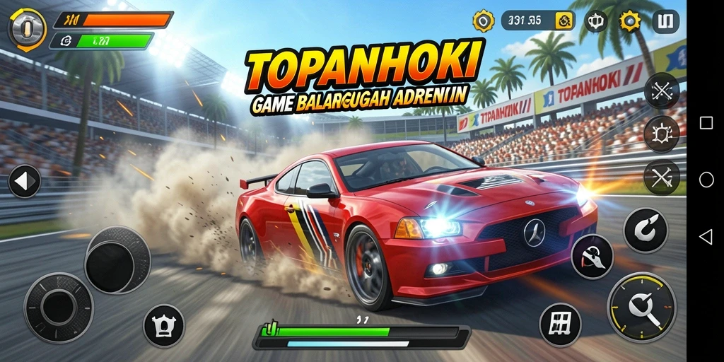 Gameplay mendebarkan di arena balap TOPANHOKI yang penuh aksi.